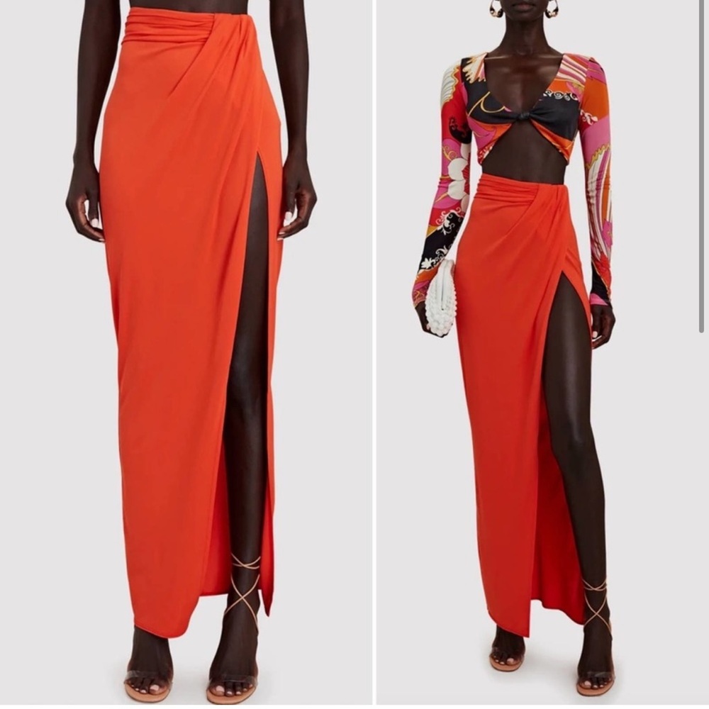 NWT Ronny Kobo Blythe High Slit Maxi Skirt Draped ruched High Waist Orange Small